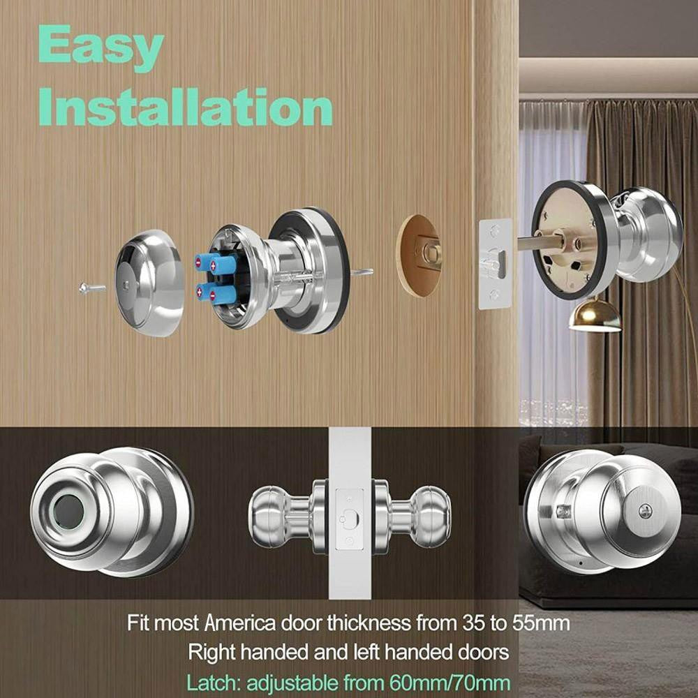 Geek Chef GeekTale K01-05 Smart Door Knob, Biometric Fingerprint Door Lock, App Control, Emergency Backup Keys - Silver