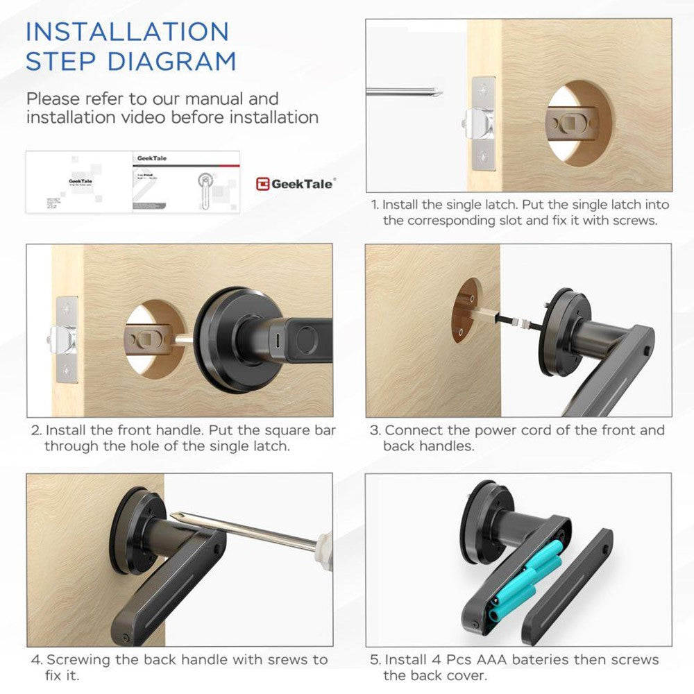 Geek Chef GeekTale L-B01 Fingerprint Door Lock with Handle, Biometric Smart Keyless Door Knob, Fit Left and Right Open Door