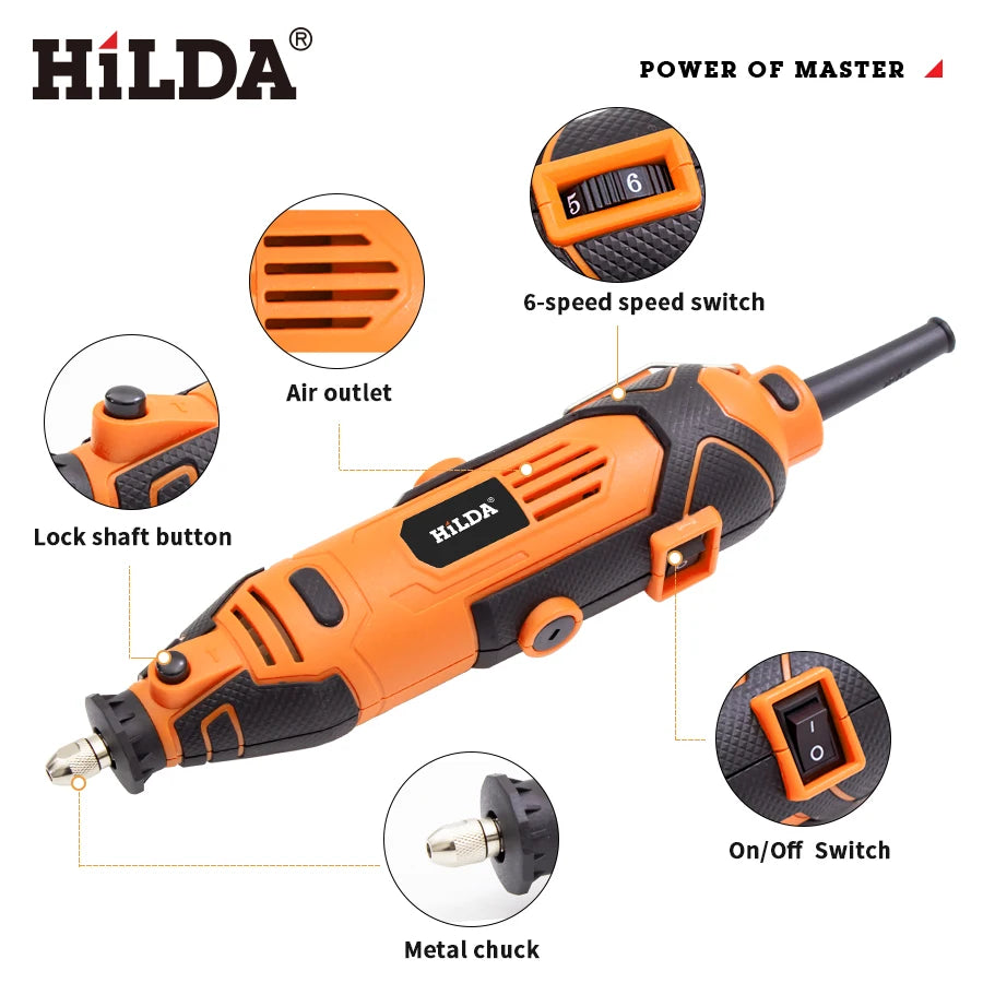 Taladro eléctrico grabador HILDA, máquina herramienta rotativa Dremel con eje flexible, nuevo estilo, minitaladro de velocidad variable