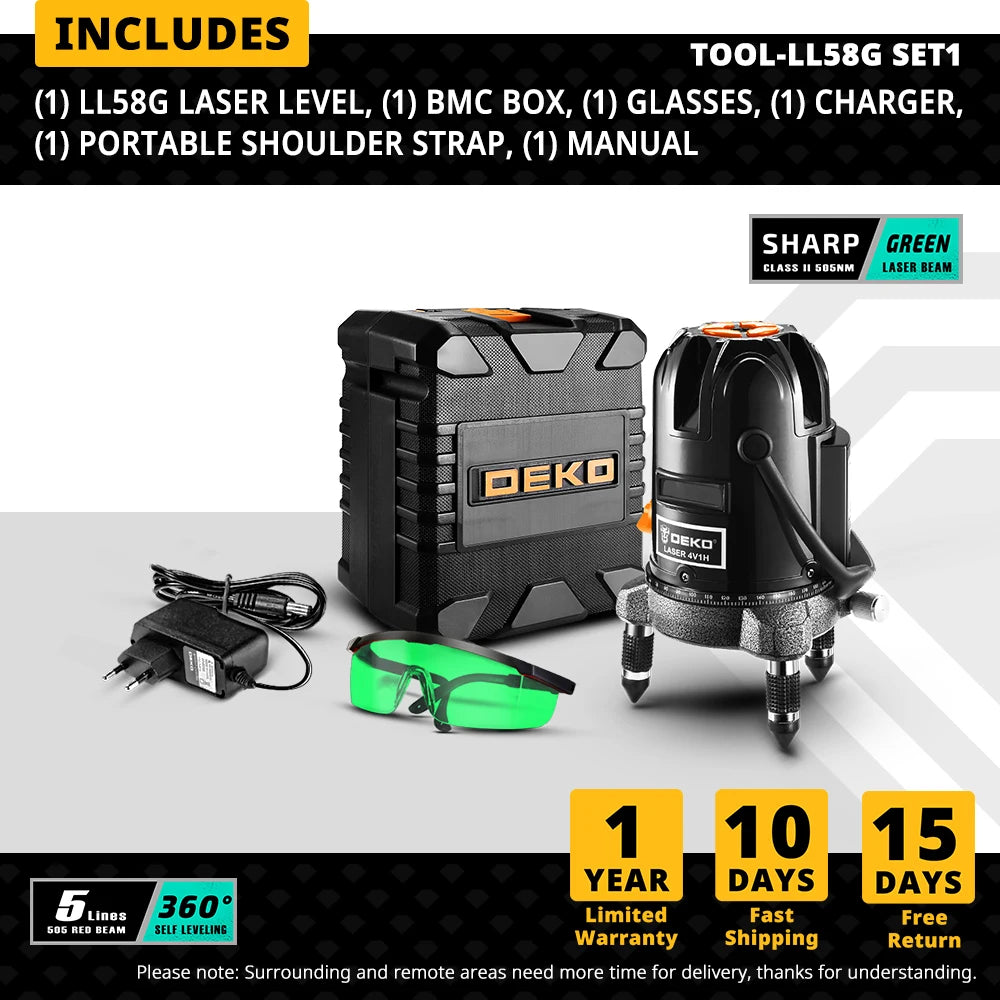 DEKO LL57/58 Points Red/Green Laser Level Self-leveling Horizontal&Vertical 360 Degree Adjustment Higher Visibility
