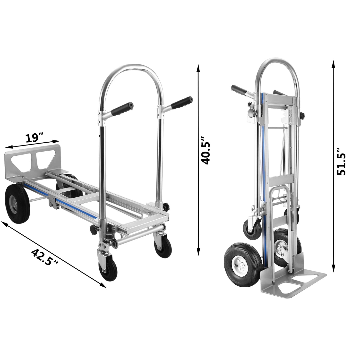 VEVOR 3-in-1 Aluminum Hand Truck Foldable Dolly Cart 1000 lb Capacity 350kg Max Weight for Home Using Industrial Heavy Duty Work