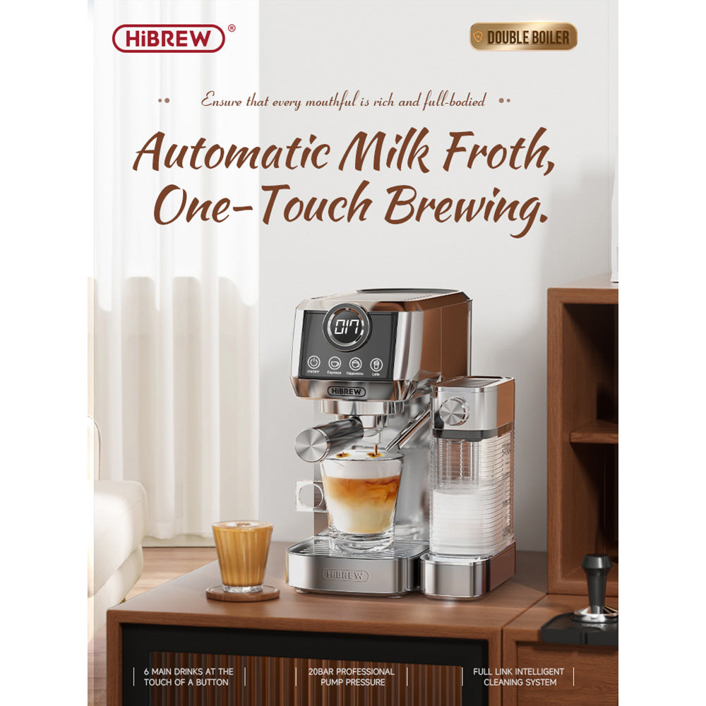 HiBREW H13A 3 in 1 Semi Automatic Coffee Machine, 6 Coffee Modes, 20Bar Extraction Pressure, 1.3L Removable Water Tank, 51mm Aluminum Alloy Handle, Dual Boiler System, 3 Adjustable Temperature Levels