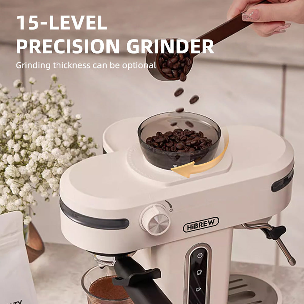 HiBREW H14 Espresso Coffee Machine, 20 Bar High Pressure, 15-gear Grinder Setting, Pre-brew Function, NTC Temperature Control, Cup Capacity Setting - Beige
