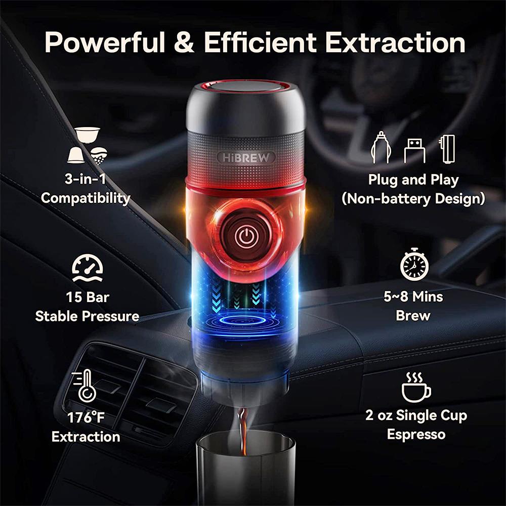 HiBREW H4 Portable Car Coffee Machine, 15 Bar Pressure, DC 12V Espresso Coffee Maker with Adapter Storage Bag Bracket - Black