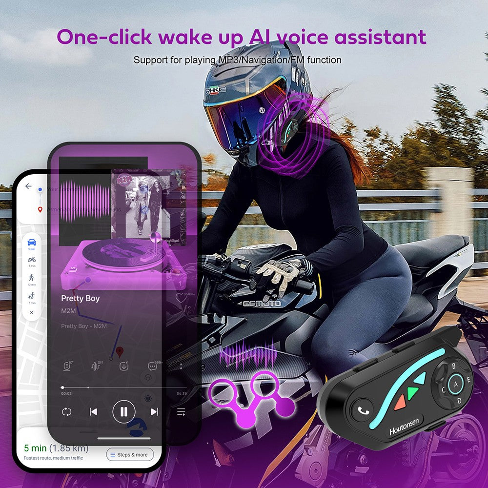 Houtonsen V8 Plus Motorcycle Helmet Headset, 1000M 2-Person Intercom, 30h Working Time, Noise Reduction, MP3/GPS/FM Navigation Support, AI Voice Assistant, IPX67 Waterproof, Bluetooth 5.2 - 1Pc Pack