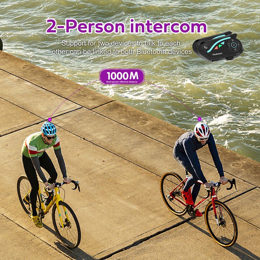 Houtonsen V8 Plus Motorcycle Helmet Headset, 1000M 2-Person Intercom, 30h Working Time, Noise Reduction, MP3/GPS/FM Navigation Support, AI Voice Assistant, IPX67 Waterproof, Bluetooth 5.2 - 1Pc Pack