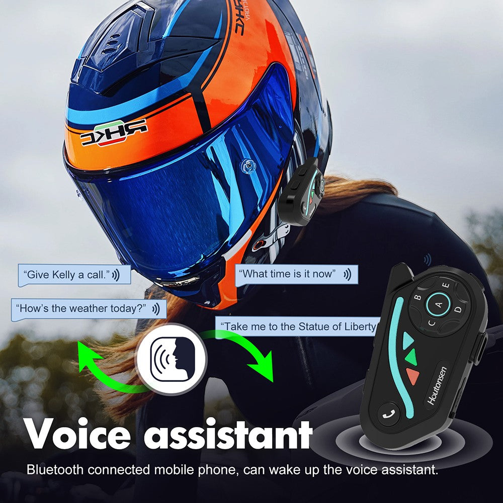 Houtonsen V8 Plus Motorcycle Helmet Headset, 1000M 2-Person Intercom, 30h Working Time, Noise Reduction, MP3/GPS/FM Navigation Support, AI Voice Assistant, IPX67 Waterproof, Bluetooth 5.2 - 1Pc Pack