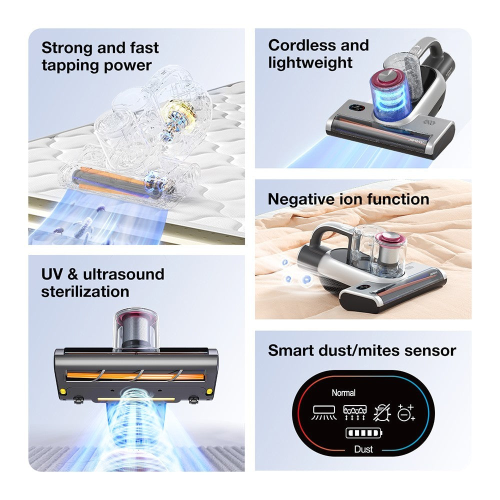 JIMMY BD7 Pro Cordless Double Cup Anti-Mite Vacuum Cleaner, 250W 6Kpa, Bed Vacuum Cleaner, Smart Dust Sensor UV & Ultrasound Technology, Negative Ion Function, 30Mins Runtime, LED Display