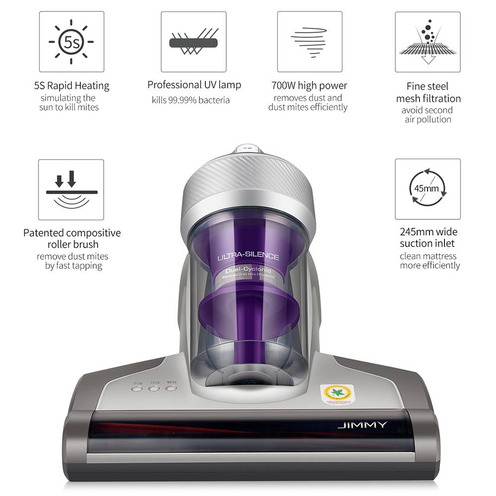JIMMY JV35 Bed Vacuum Cleaner for Mattress with UV Light, 14Kpa Strong Suction, Dual Cyclone Filtration, High-Temperature UV Acaricide, 5S Rapid Heating, 99.99% Mites Removal, Handheld Vacuum Cleaner for Bed & Sofa - Gray