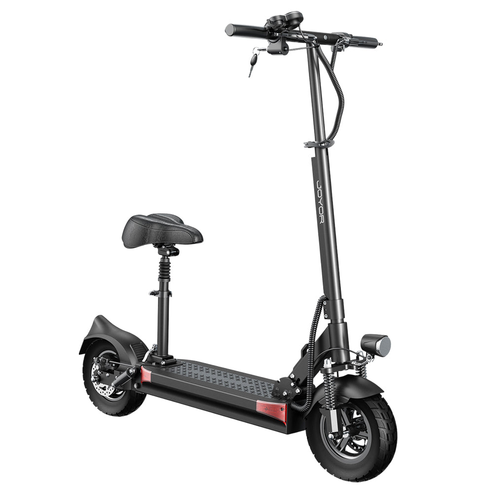 Joyor Y6-S Electric Scooter with Seat, 500W Motor, 48V 18Ah Battery, 10 inch Tire, 25km/h Max Speed, 60km Range, Front & Rear Disc Brakes, Front Spring Shock Absorption & Rear Hydraulic Shock Absorption