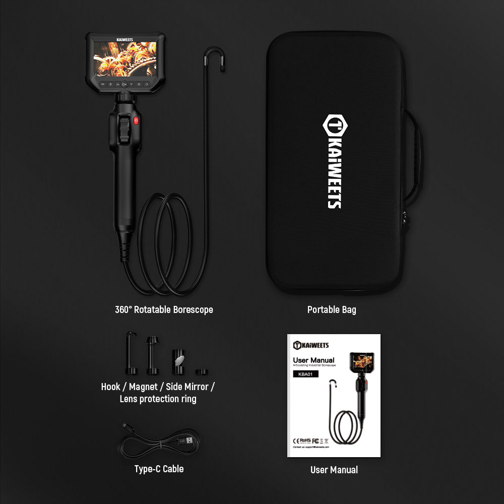 KAIWEETS KBA01 Two-Way Articulating Borescope, 210° Rotatable Camera, 8 LED Lights, 4.3inch Display, 1920*1080P, IP67 Waterproof