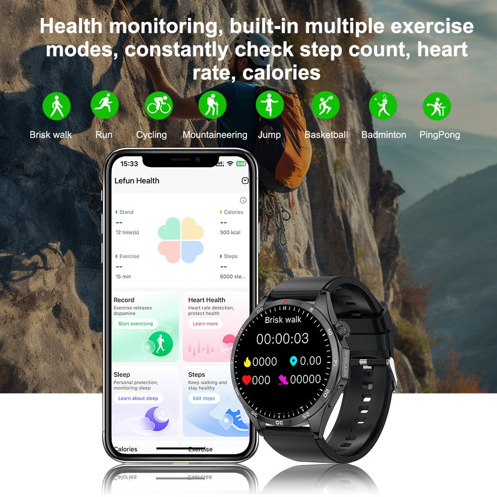 LEMFO GTS4 Smartwatch, 1.5-inch Screen, Bluetooth Calling, Message Reminder, Health Monitoring, IP67 Waterproof - Black, Silicone Watchband