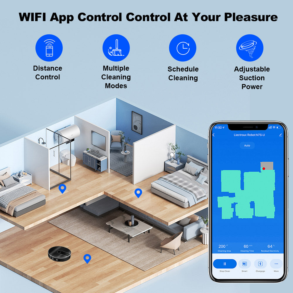 Liectroux N7S-U Robot Vacuum Cleaner and Wet Mop Combo, Smart Mapping, WiFi App, 6000Pa Suction, 120min Runtime, 400ml Dustbin & 250ml Water Tank, WiFi App, Works With Alexa and Google Assistant, for Pet Hair, Carpet, Hard Floor