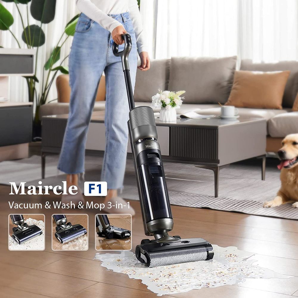 Maircle F1 Cordless Wet Dry Vacuum Cleaner, 16kPa Suction, 35min Runtime, LED Display, Self-propelled and Self-Cleaning, Voice Prompts, for Hardwood Floor and Sticky Messes