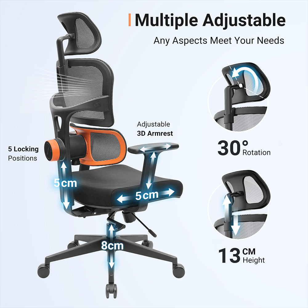 NEWTRAL NT001 Ergonomic Chair Adaptive Lower Back Support 3 Recline Angle Adjustable Backrest Armrest Headrest 5 Positions to Lock Nylon Base - Standard Version