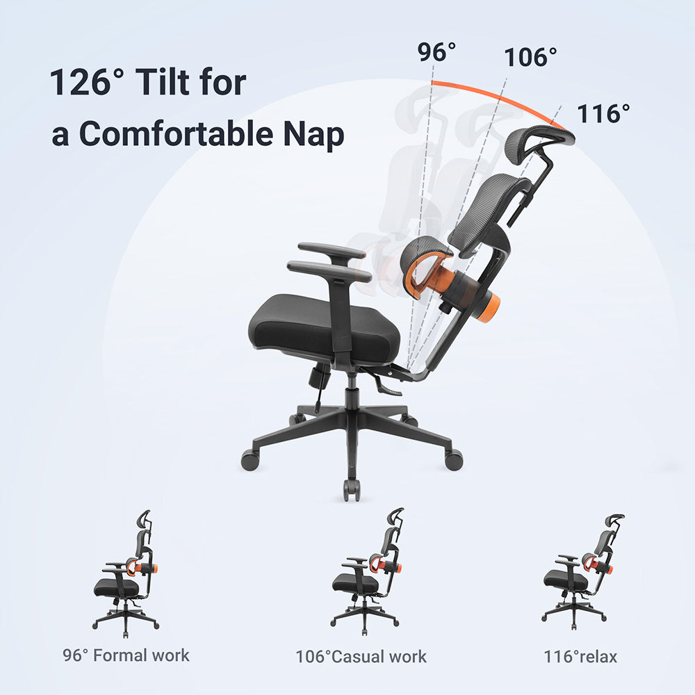NEWTRAL NT001 Ergonomic Chair Adaptive Lower Back Support 3 Recline Angle Adjustable Backrest Armrest Headrest 5 Positions to Lock Nylon Base - Standard Version