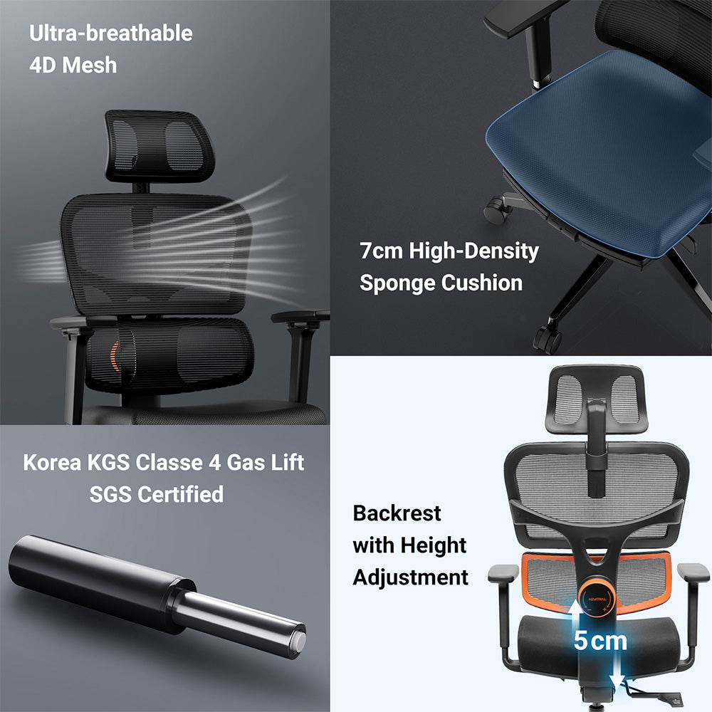 NEWTRAL NT001 Ergonomic Chair Adaptive Lower Back Support 3 Recline Angle Adjustable Backrest Armrest Headrest 5 Positions to Lock Nylon Base - Standard Version