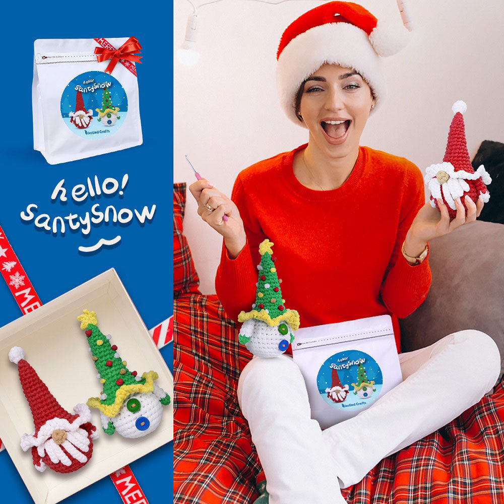 NestledCrafts Christmas Crochet Kit for Beginners, Amigurumi Knitting Kit, with Step-by-Step Video Tutorials - SantySnow