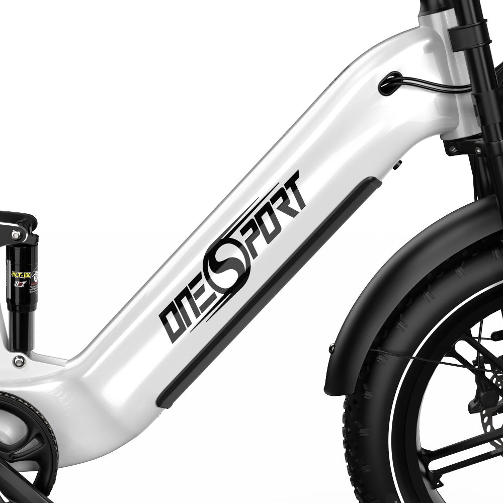 ONESPORT OT08 Pro Electric Bike, 500W Motor, 2*48V 18Ah Battery, 20*4.0 inch Tires, 25km/h Max Speed, 190km Max Range, Front & Rear Oil Disc Brakes, Suspension Fork, Shimano 7-speed - White