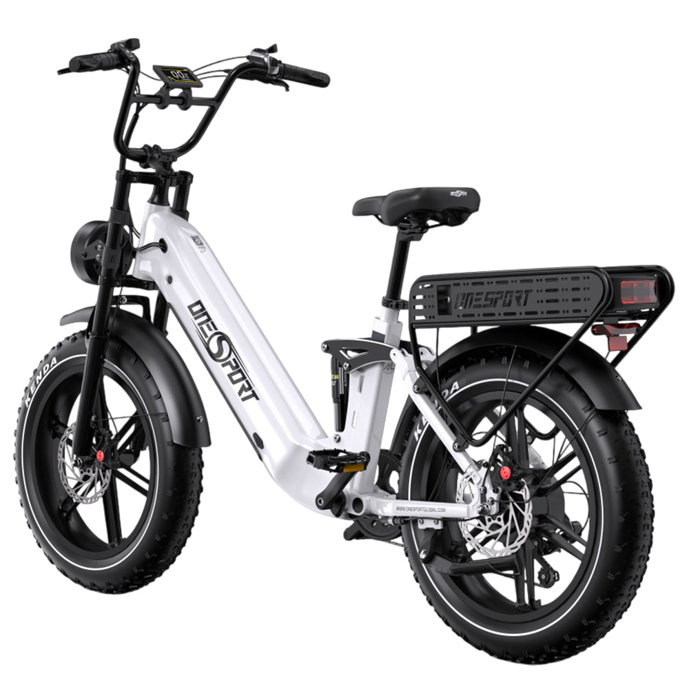 ONESPORT OT08 Pro Electric Bike, 500W Motor, 2*48V 18Ah Battery, 20*4.0 inch Tires, 25km/h Max Speed, 190km Max Range, Front & Rear Oil Disc Brakes, Suspension Fork, Shimano 7-speed - White