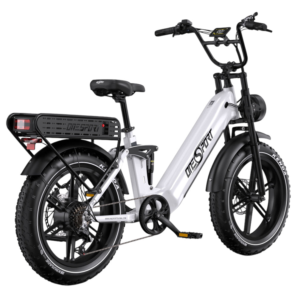 ONESPORT OT08 Pro Electric Bike, 500W Motor, 2*48V 18Ah Battery, 20*4.0 inch Tires, 25km/h Max Speed, 190km Max Range, Front & Rear Oil Disc Brakes, Suspension Fork, Shimano 7-speed - White