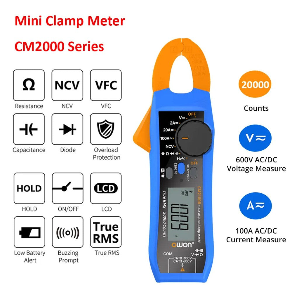 OWON CM2100B Clamp Meter with Bluetooth Module, True RMS 20000 Counts, Auto Ranging, NCV/VFC/Diode Measure, Alarm Function