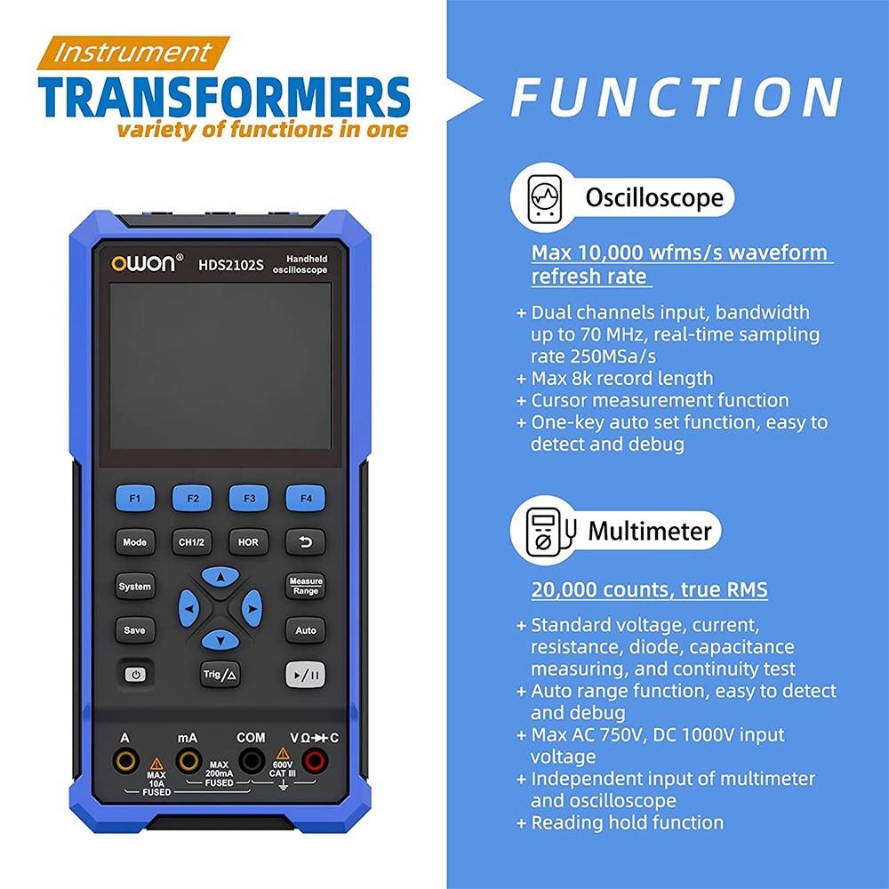 OWON HDS2102S 3 in 1 Digital Oscilloscope Multimeter Signal Generator, 100MHz Bandwidth, 500MSa/s Sampling Rate, 20000 Counts - EU Plug