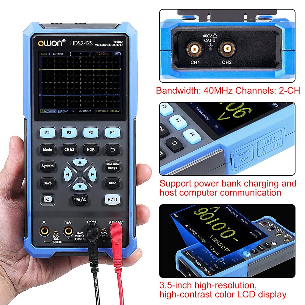OWON HDS242S 3 in 1 Digital Oscilloscope Multimeter Signal Generator, 40MHz Bandwidth, 250MSa/s Sampling Rate, 20000 Counts - EU Plug