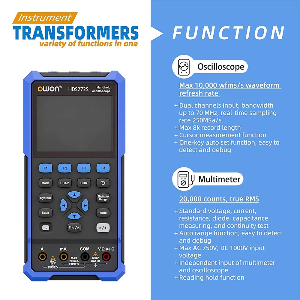 OWON HDS272S 3 in 1 Digital Oscilloscope Multimeter Signal Generator, 70MHz Bandwidth, 250MSa/s Sampling Rate, 20000 Counts - EU Plug