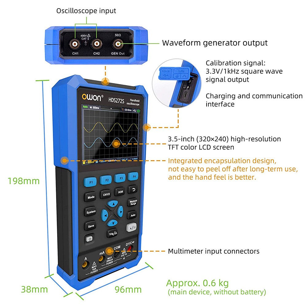 OWON HDS272S 3 in 1 Digital Oscilloscope Multimeter Signal Generator, 70MHz Bandwidth, 250MSa/s Sampling Rate, 20000 Counts - EU Plug