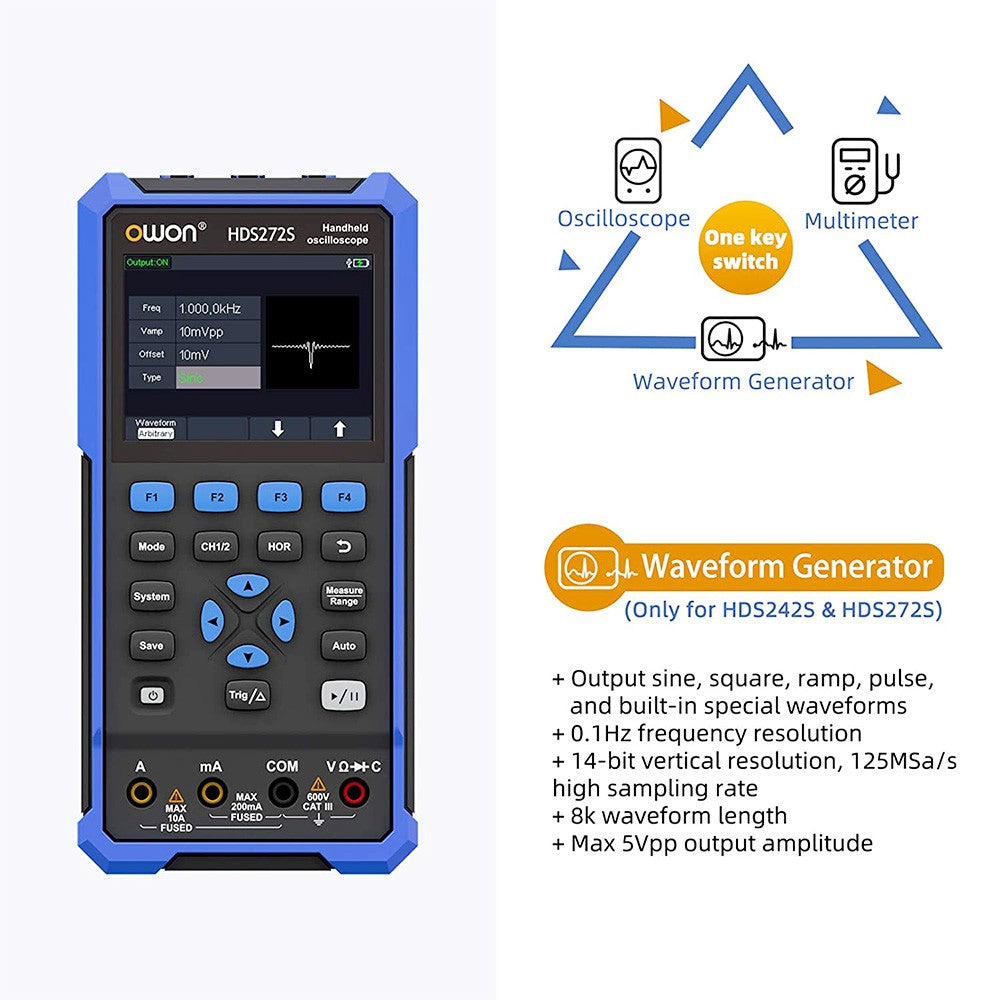 OWON HDS272S 3 in 1 Digital Oscilloscope Multimeter Signal Generator, 70MHz Bandwidth, 250MSa/s Sampling Rate, 20000 Counts - EU Plug