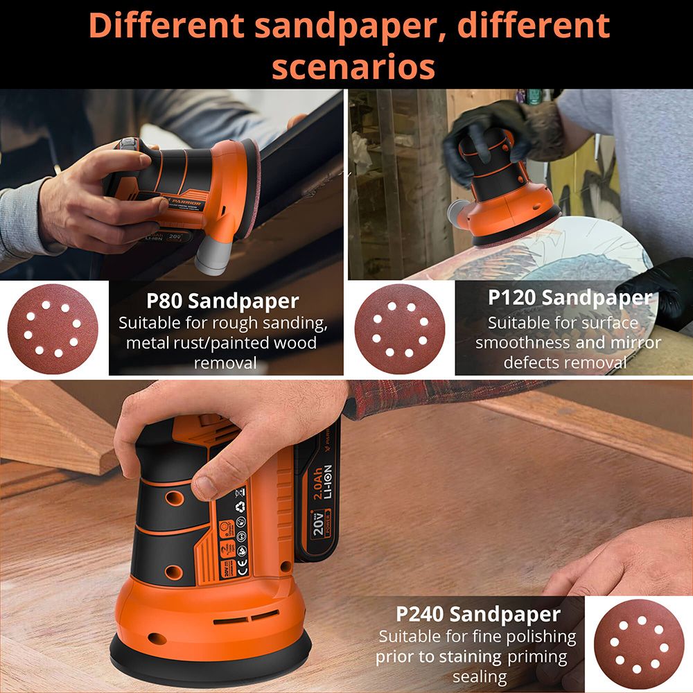Parrior DS04 20V Cordless Electric Sander, with 2Ah Battery & 5-Inch(125mm) Disc, 11,000RPM Motor