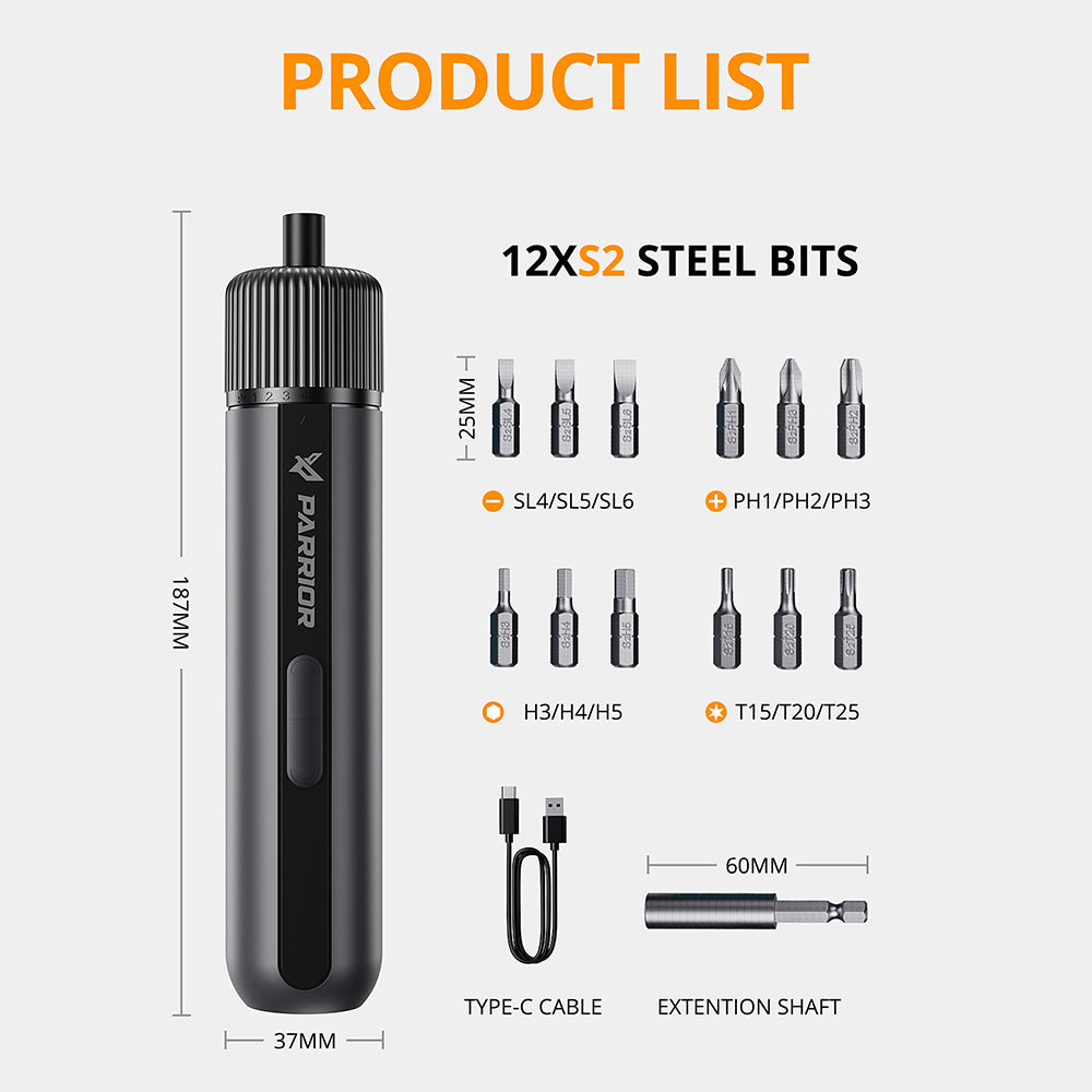Parrior S121 4V Electric Cordless Screwdriver, Max 8N.m High Torque with 4 Control Level, Rechargeable 2200mAh Large Battery, LED Work Light, 260RPM Speed