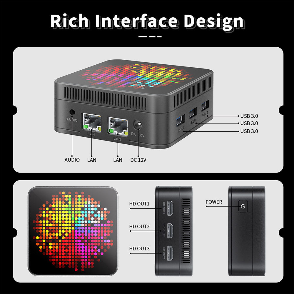 RUPA HSI-100MINI Mini PC, Intel N100 4 Cores Max 3.4GHz, 12GB RAM 512GB SSD, 3*HDMI 4K 60Hz Triple Screen Display, WiFi 6 Bluetooth 5.2, 3*USB 3.0 2*RJ45 1* 3.5mm Audio