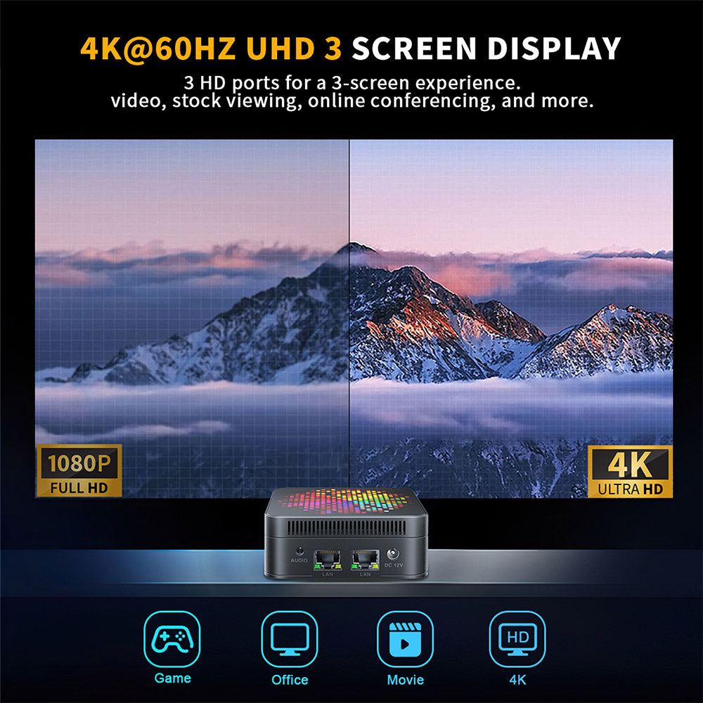 RUPA HSI-100MINI Mini PC, Intel N100 4 Cores Max 3.4GHz, 12GB RAM 512GB SSD, 3*HDMI 4K 60Hz Triple Screen Display, WiFi 6 Bluetooth 5.2, 3*USB 3.0 2*RJ45 1* 3.5mm Audio