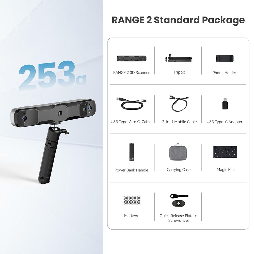 Revopoint RANGE 2 3D Scanner, 0.1mm Precision, 2MP Resolution, Up to 16fps Scanning Speed, 400-1300mm Working Distance, 4 Flash LEDs, IMU Motion Tracking, Supports Body Face/Large Objects & Win/Android/iOS/macOS