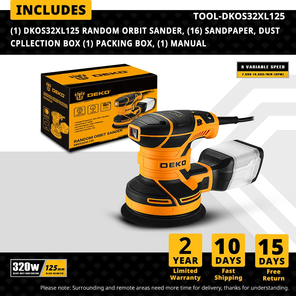 DEKO DKOS32XL125 320W Speed 14000pm Random Orbit Sander Home DIY Carpenter Strong Dust Collection Polisher