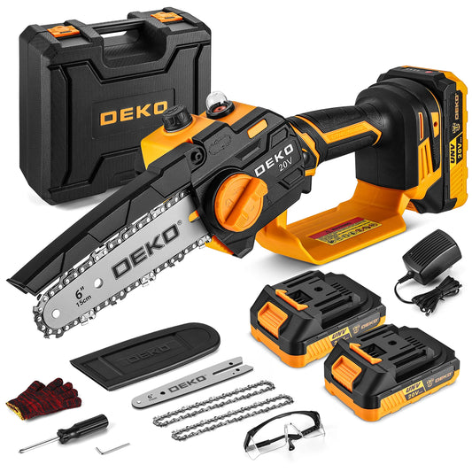 Mini motosierra DEKO de 550 W, inalámbrica, de 6 pulgadas, portátil, a batería, para jardín, para cortar madera y árboles.