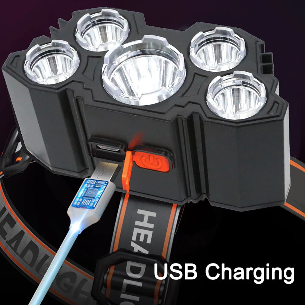 Linterna frontal de 5 LED recargable con batería incorporada, luz potente, para acampar, aventuras, pesca, linterna frontal