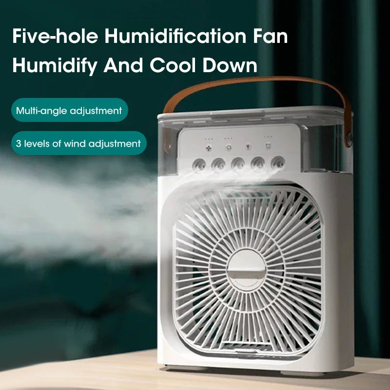 Humidificador portátil 3 en 1, ventilador de aire acondicionado, USB, luz LED nocturna, vaporizador de agua, divertido enfriador de aire, humidificador para el hogar.