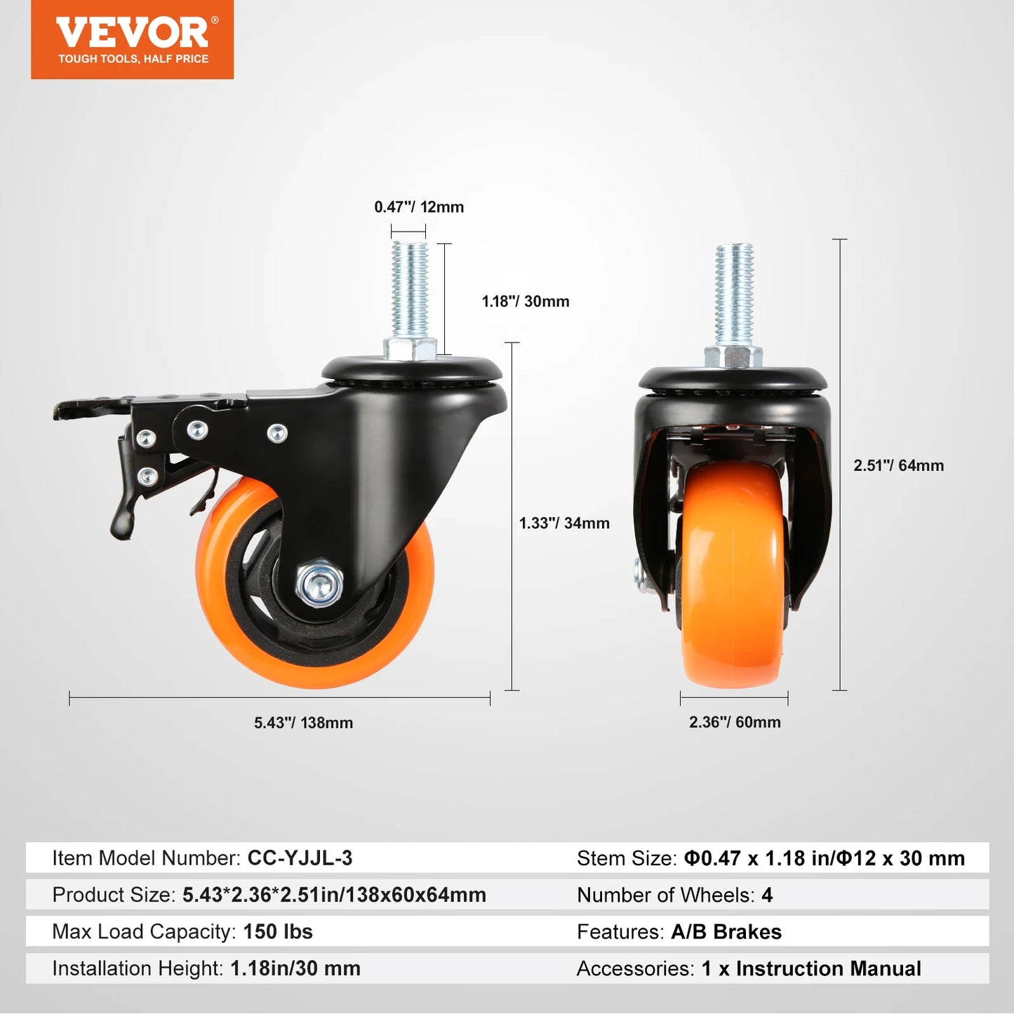 VEVOR 2/3/4 inch Caster Wheels Set of 4 Threaded Stem Industrial Swivel Casters with Dual Locking A/B Brake for Cart Furniture