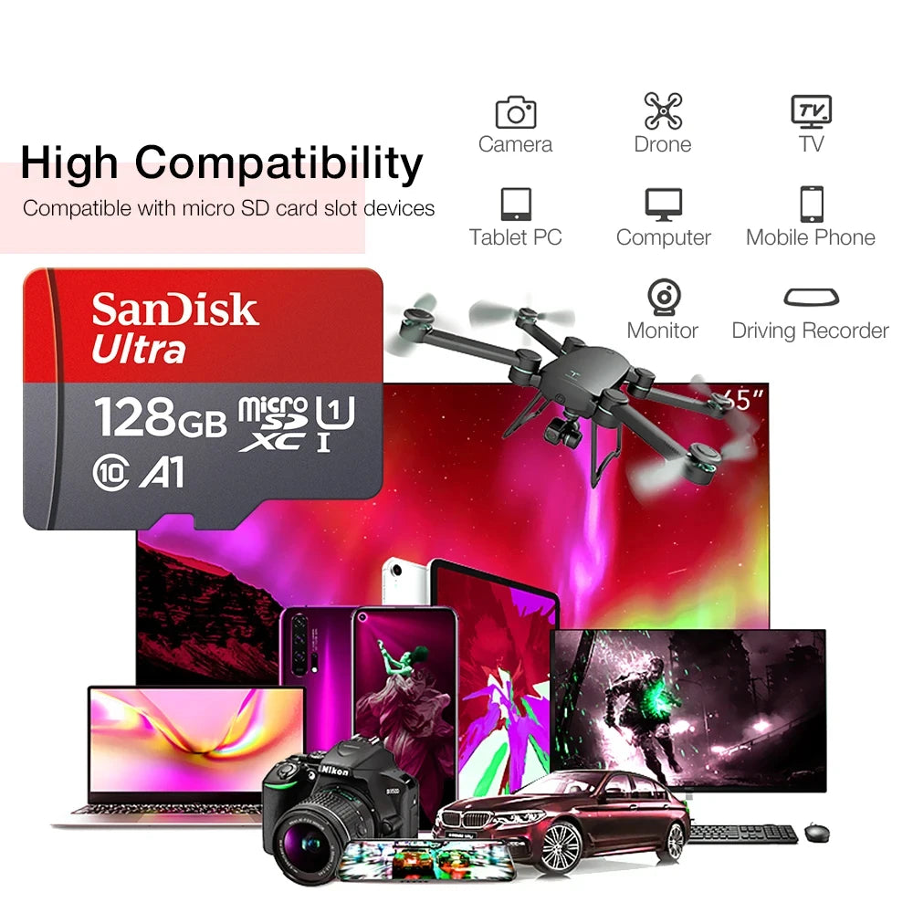 Tarjeta de memoria micro SD Sandisk Ultra Micro TF de 32 GB, 64 GB, 128 GB y 256 GB de alta velocidad C10. Tarjeta de memoria flash SD/TF miniSD para teléfono.
