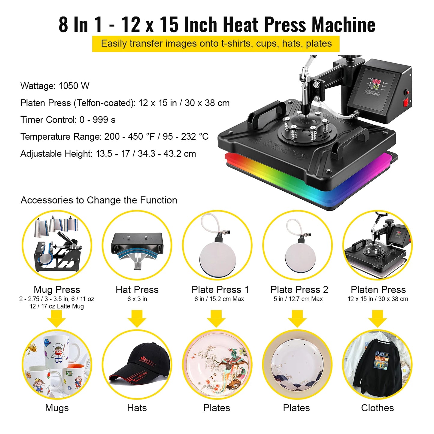 VEVOR 5 6 8 in 1 Heat Press Machine T shirt Heat Transfer Printer Muntifunctional Sublimation For Mug/Latte Mug/Hat/Plate/Bottle