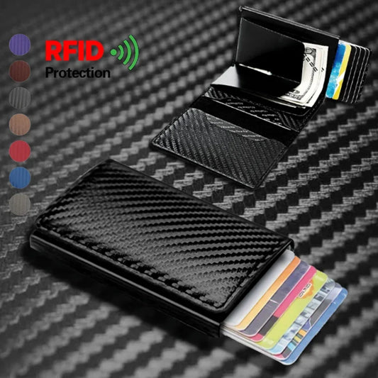 Tarjetero de fibra de carbono para hombre, billetera inteligente RFID de metal, delgada, minimalista, con cierre desplegable, pequeña, negra, de metal.