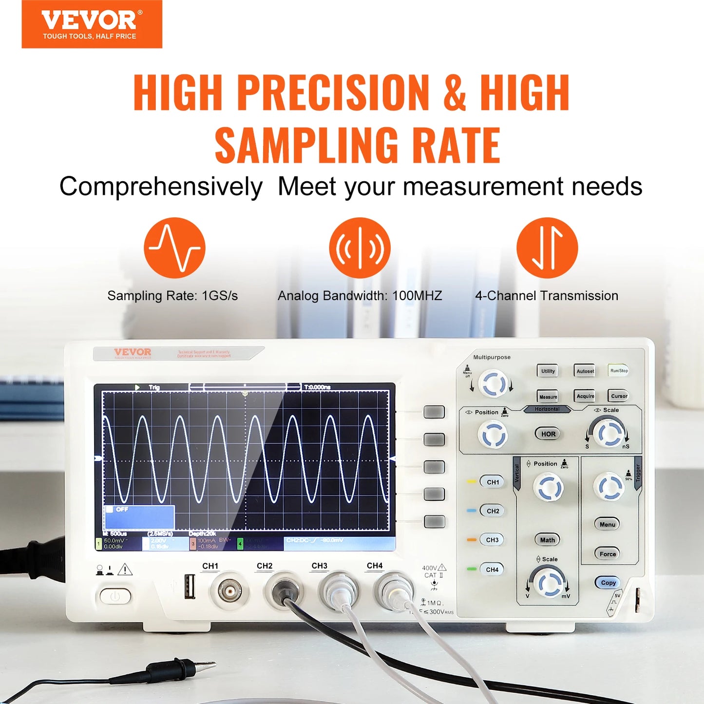 Osciloscopio digital de escritorio VEVOR de 2/4 canales, 1GS/S, 100 MHz, 30 funciones de medición automática para pruebas de circuitos electrónicos
