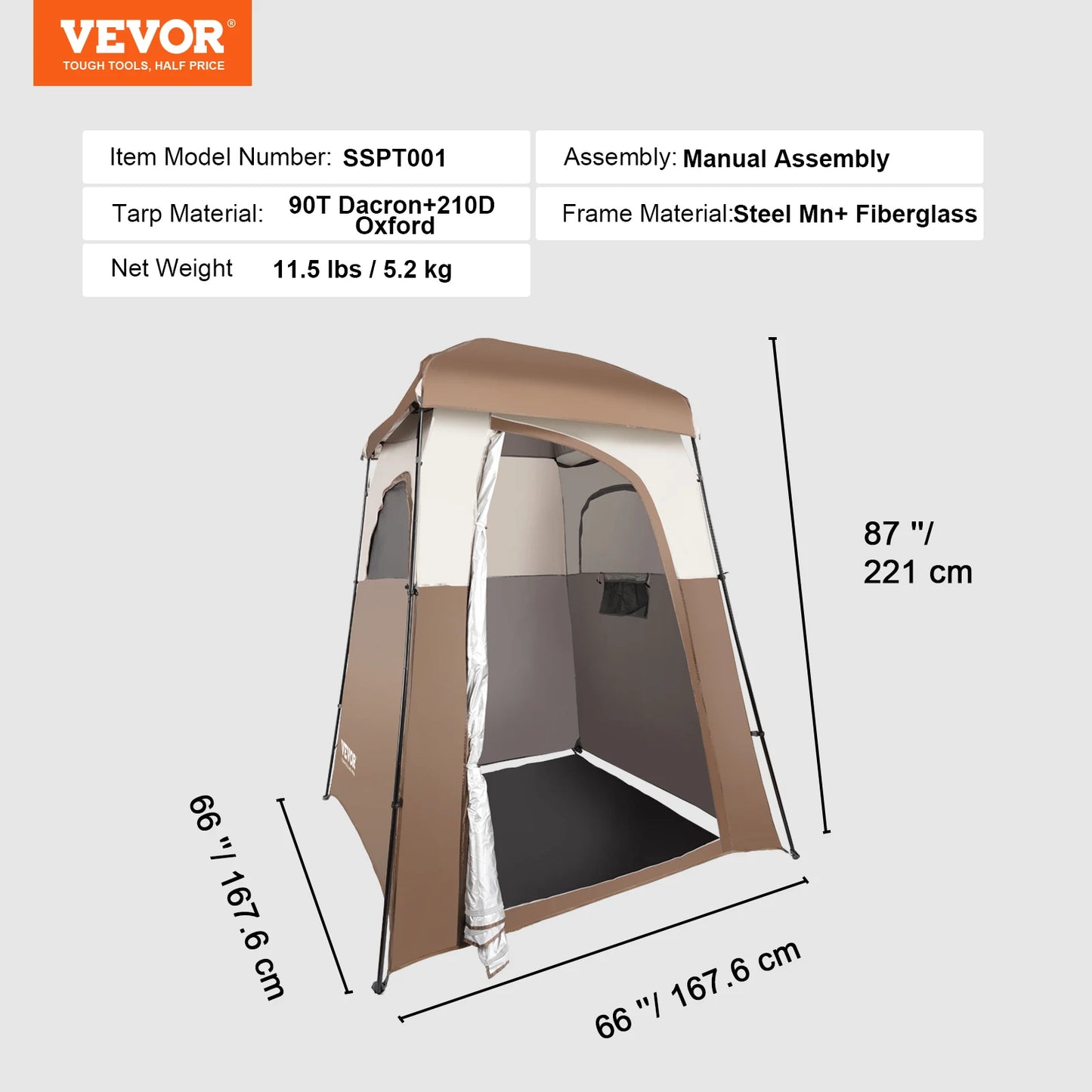 VEVOR Camping Shower Tent 66" x 66" x 87" 1 Room Oversize Outdoor Portable Shelter Privacy Tent with Detachable Top Hanging Rope