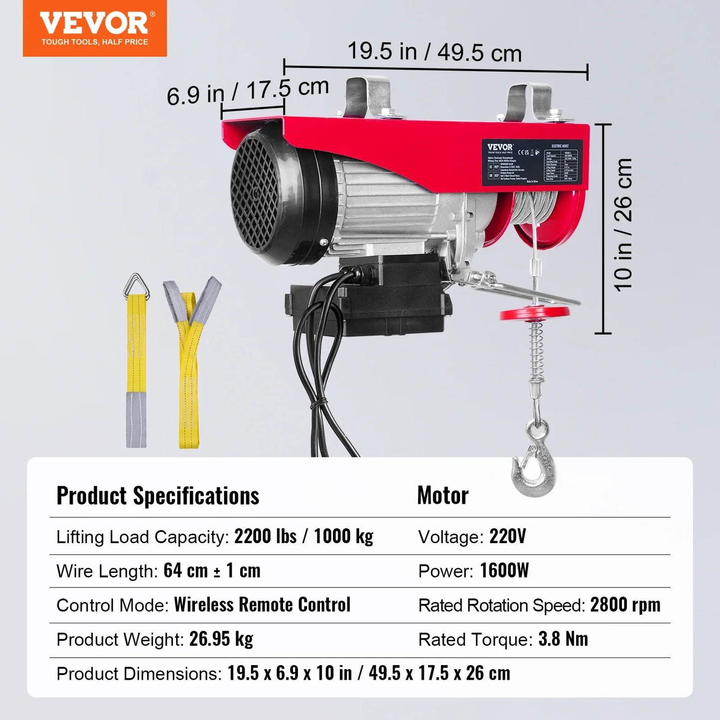 VEVOR 1000kg Electric Hoist Crane Portable Lifter Steel Wire Winch with Wireless Remote Control for Garage Warehouse Factory