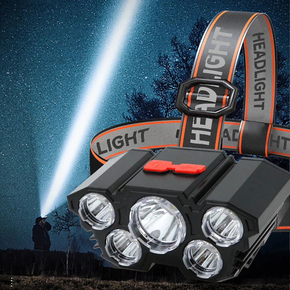 Linterna frontal de 5 LED recargable con batería incorporada, luz potente, para acampar, aventuras, pesca, linterna frontal