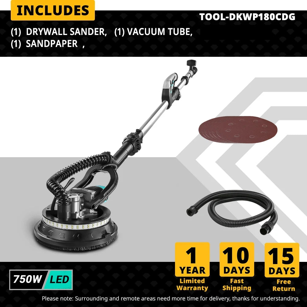 DEKO DKWP180CDLD/DKWP180CD 900W Drywall Sander Grinding Portable Polishing Machine with Sandpaper LED Light and Dust Clooect Bag