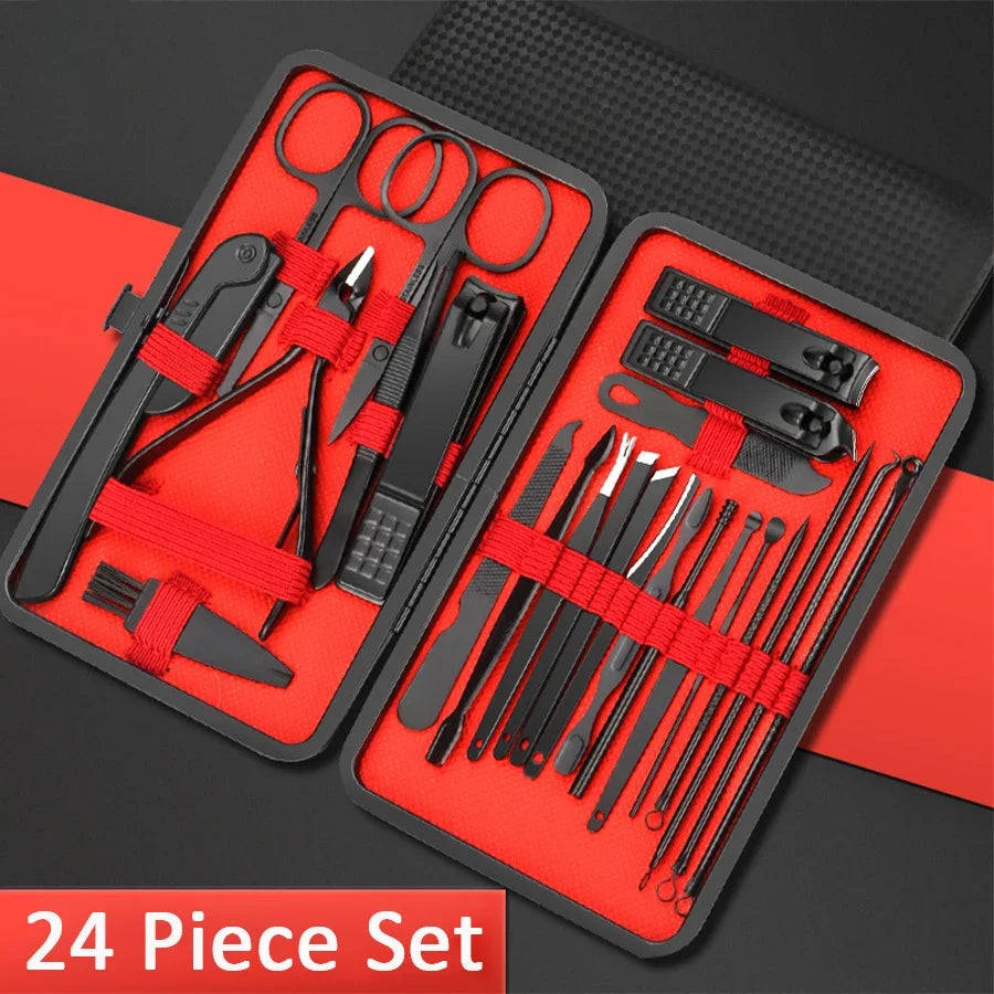 Ouriner 7/12/18/20/24PCS Set Professional Manicure Set Stainless Steel Fingernail Toenail Clippers Set with Leather Portable